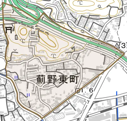 薊野東町とその周辺の地図。町の範囲を重ねている