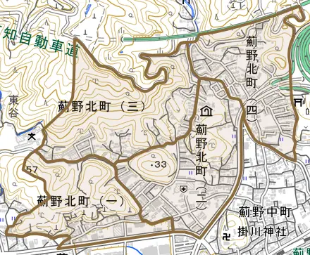 薊野北町とその周辺の地図。町の範囲を重ねている