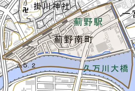 薊野南町とその周辺の地図。町の範囲を重ねている