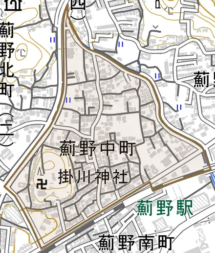 薊野中町とその周辺の地図。町の範囲を重ねている