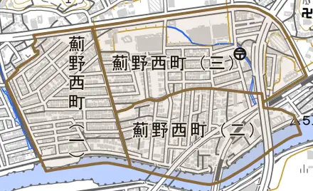 薊野西町とその周辺の地図。町の範囲を重ねている