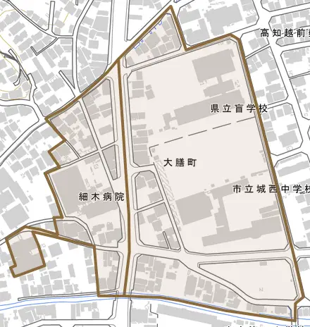 大膳町とその周辺の地図。町の範囲を重ねている
