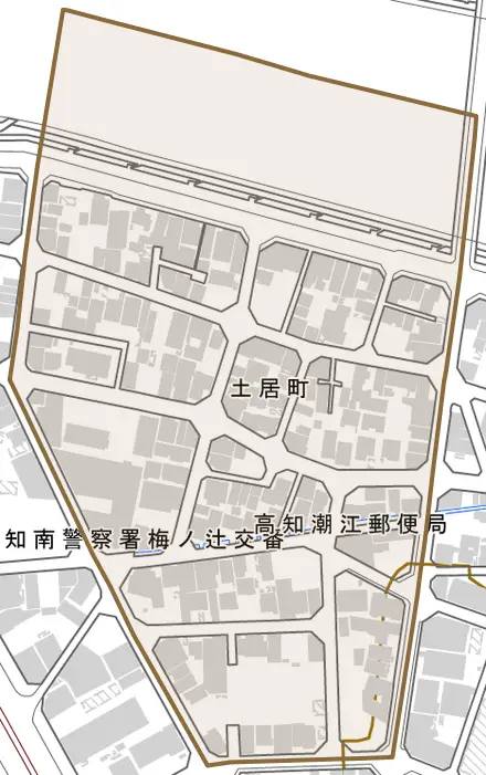 土居町とその周辺の地図。町の範囲を重ねている
