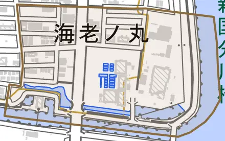 海老ノ丸とその周辺の地図。町の範囲を重ねている