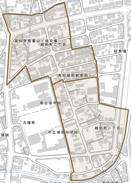 越前町とその周辺の地図。町の範囲を重ねている