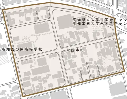 永国寺町とその周辺の地図。町の範囲を重ねている