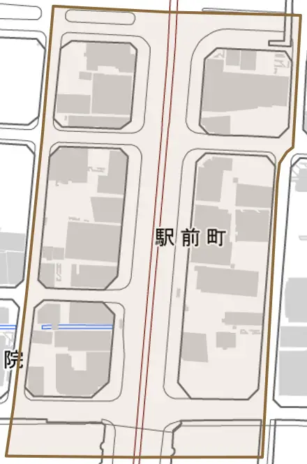 駅前町とその周辺の地図。町の範囲を重ねている