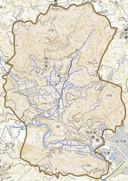 円行寺とその周辺の地図。町の範囲を重ねている
