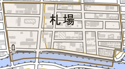 札場とその周辺の地図。町の範囲を重ねている