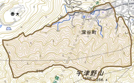 深谷町とその周辺の地図。町の範囲を重ねている