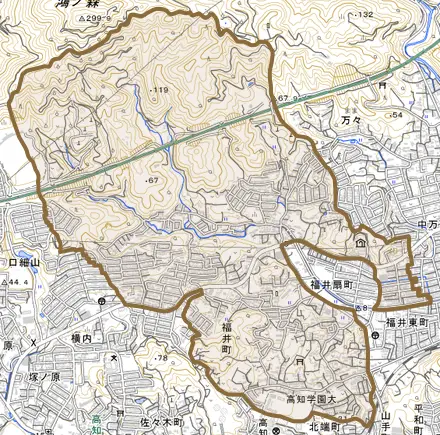 福井町とその周辺の地図。町の範囲を重ねている