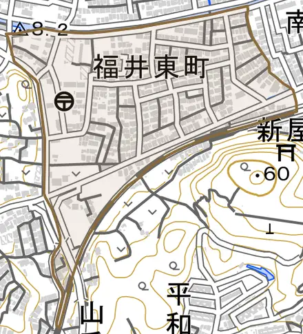 福井東町とその周辺の地図。町の範囲を重ねている