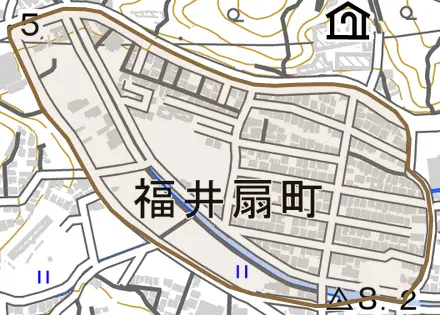 福井扇町とその周辺の地図。町の範囲を重ねている