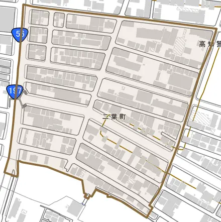 二葉町とその周辺の地図。町の範囲を重ねている