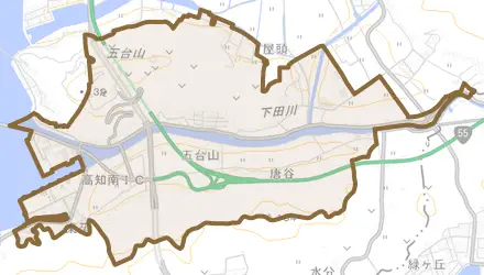五台山とその周辺の地図。町の範囲を重ねている