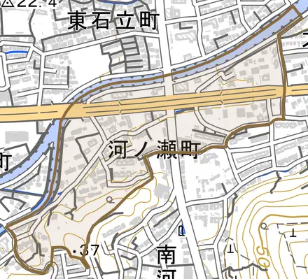 河ノ瀬町とその周辺の地図。町の範囲を重ねている