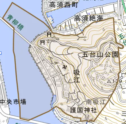 吸江とその周辺の地図。町の範囲を重ねている