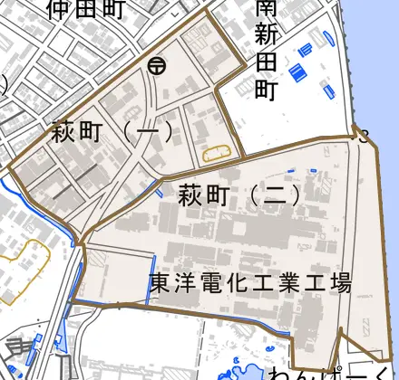 萩町とその周辺の地図。町の範囲を重ねている
