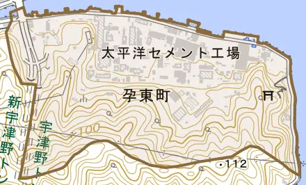 孕東町とその周辺の地図。町の範囲を重ねている