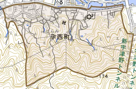 孕西町とその周辺の地図。町の範囲を重ねている