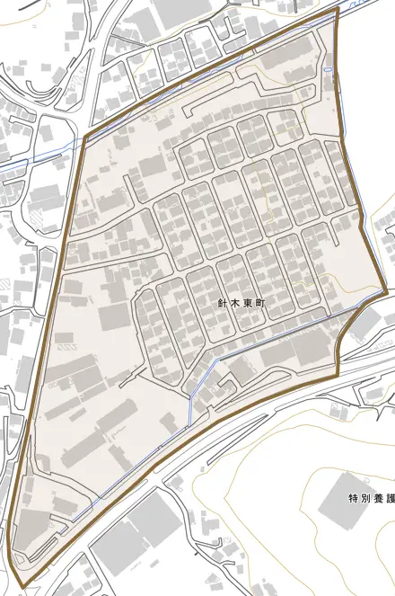 針木東町とその周辺の地図。町の範囲を重ねている