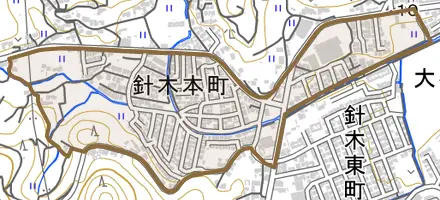 針木本町とその周辺の地図。町の範囲を重ねている