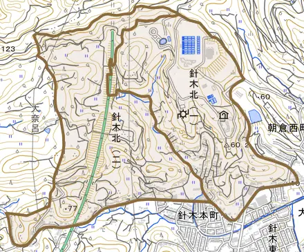 針木北とその周辺の地図。町の範囲を重ねている