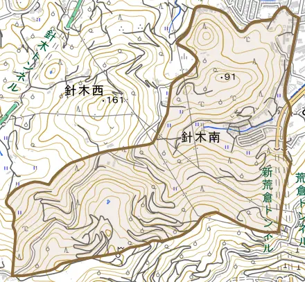 針木南とその周辺の地図。町の範囲を重ねている