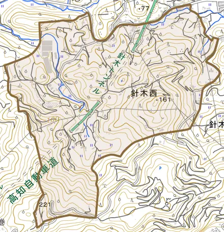 針木西とその周辺の地図。町の範囲を重ねている
