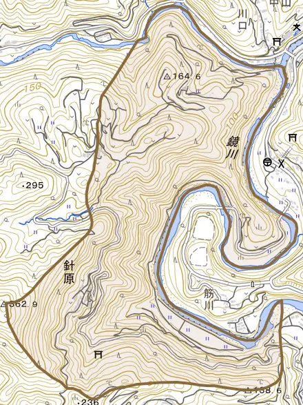 針原とその周辺の地図。町の範囲を重ねている