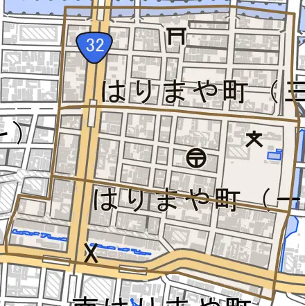 はりまや町とその周辺の地図。町の範囲を重ねている
