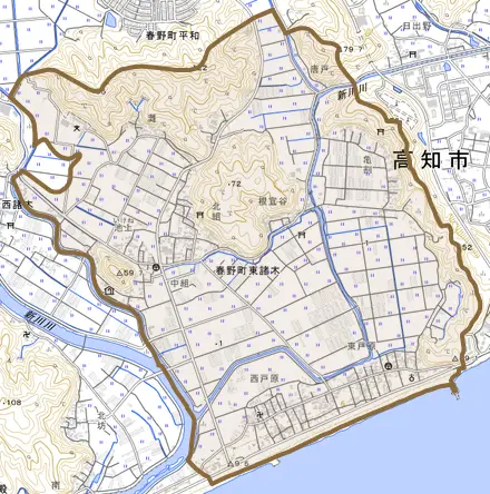 春野町東諸木とその周辺の地図。町の範囲を重ねている