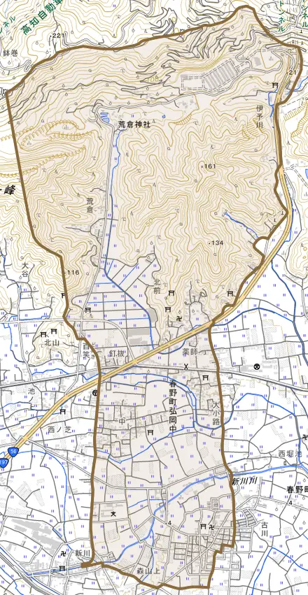 春野町弘岡中とその周辺の地図。町の範囲を重ねている