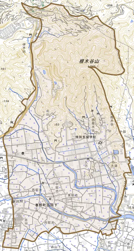 春野町弘岡下とその周辺の地図。町の範囲を重ねている