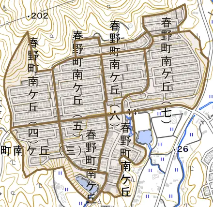 春野町南ケ丘とその周辺の地図。町の範囲を重ねている