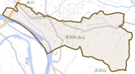 春野町森山とその周辺の地図。町の範囲を重ねている