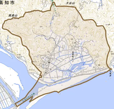 春野町仁ノとその周辺の地図。町の範囲を重ねている