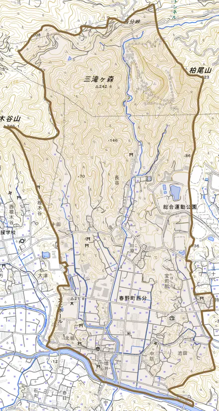 春野町西分とその周辺の地図。町の範囲を重ねている