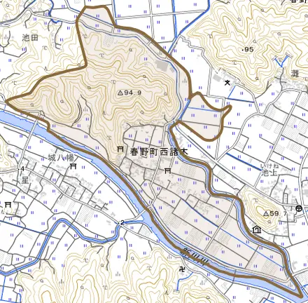 春野町西諸木とその周辺の地図。町の範囲を重ねている