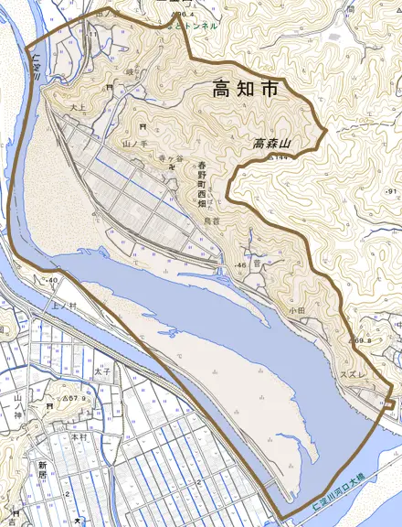春野町西畑とその周辺の地図。町の範囲を重ねている