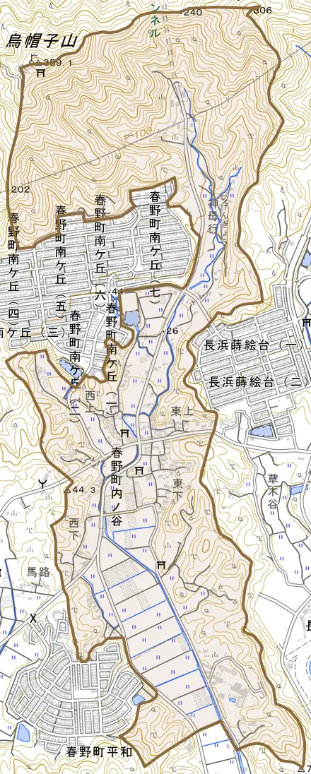 春野町内ノ谷とその周辺の地図。町の範囲を重ねている