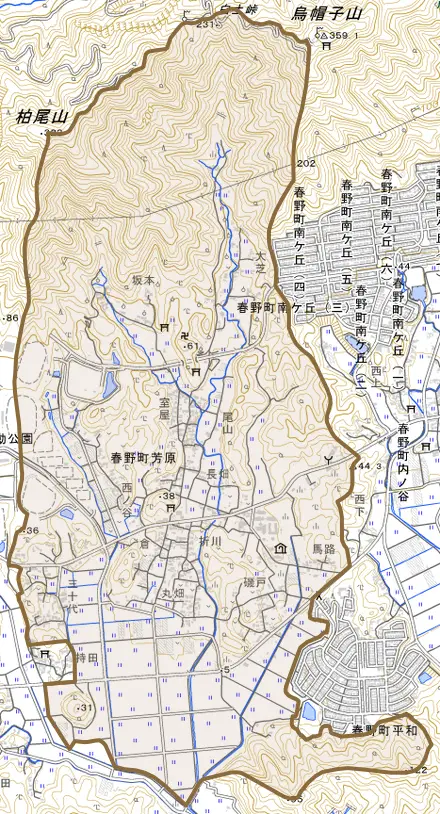 春野町芳原とその周辺の地図。町の範囲を重ねている