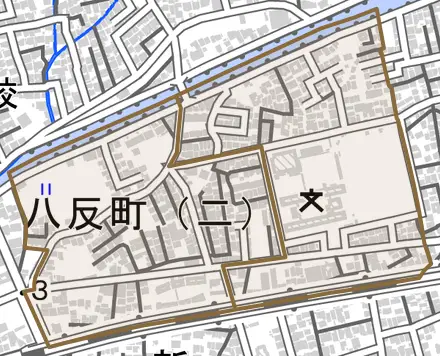 八反町とその周辺の地図。町の範囲を重ねている