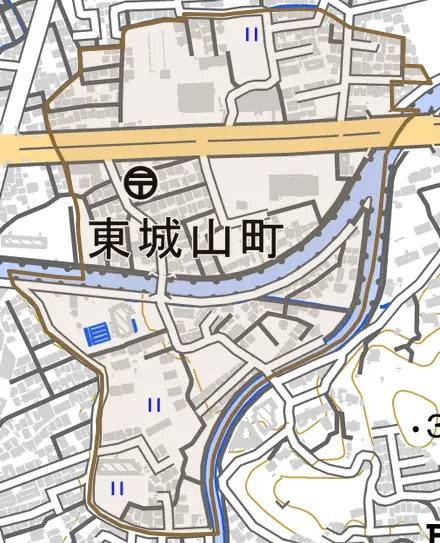東城山町とその周辺の地図。町の範囲を重ねている