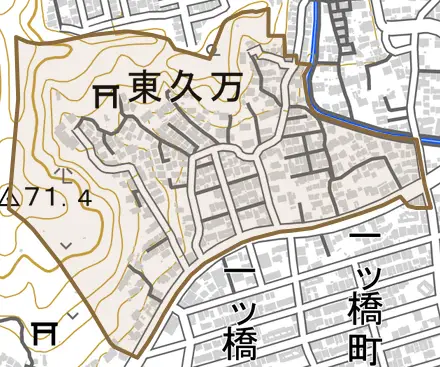 東久万とその周辺の地図。町の範囲を重ねている