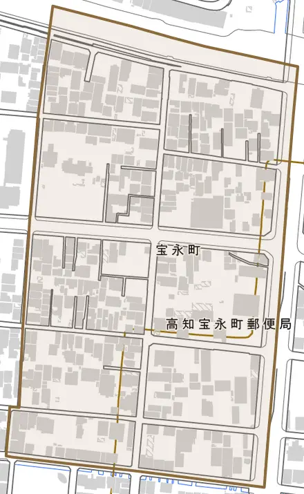 宝永町とその周辺の地図。町の範囲を重ねている