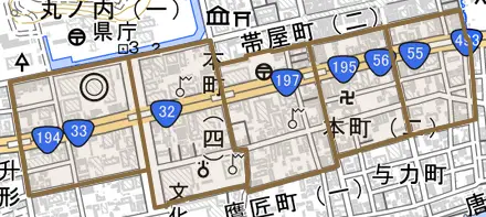 本町とその周辺の地図。町の範囲を重ねている