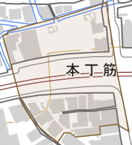 本丁筋とその周辺の地図。町の範囲を重ねている