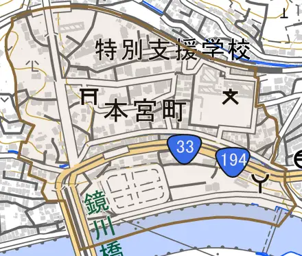 本宮町とその周辺の地図。町の範囲を重ねている