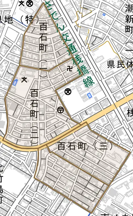 百石町とその周辺の地図。町の範囲を重ねている